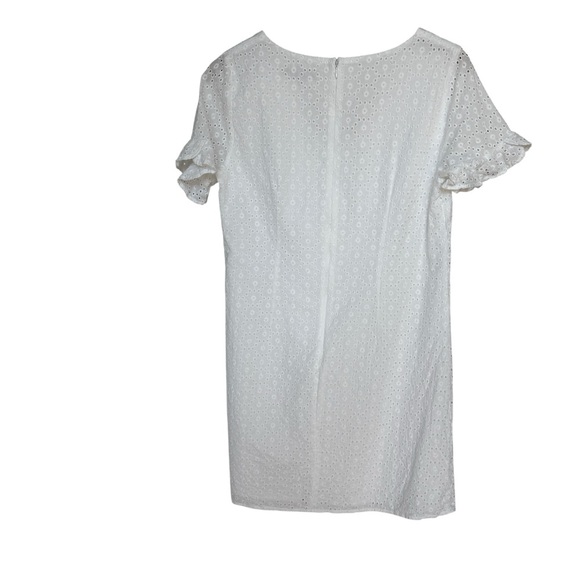 LOFT Women's White Eyelet Shift Dress 6 Flutter Cuff Knee Length Ruffle Sleeve - Picture 8 of 10
